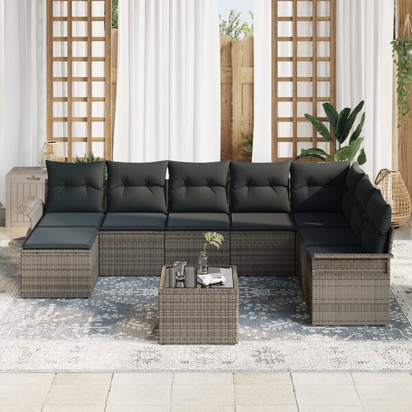 vidaXL Garten-Sofa-Set mit Kissen 9 pcs Schwarz Poly Rattan