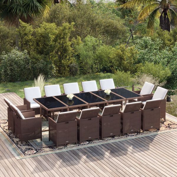 vidaXL 15-tlg. Garten-Essgruppe mit Kissen Poly Rattan Braun