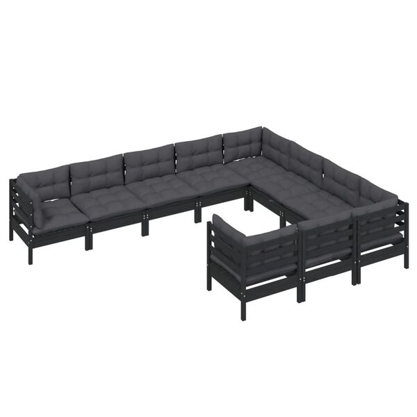 vidaXL 10-tlg. Garten-Lounge-Set mit Kissen Schwarz Kiefernholz