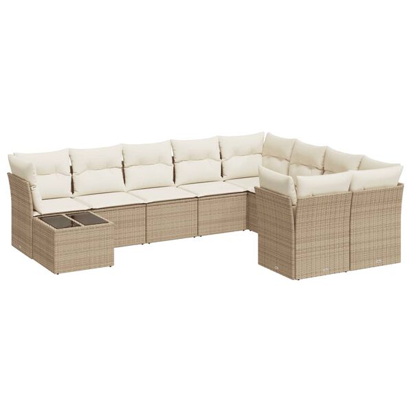 vidaXL 10-tlg. Garten-Sofagarnitur mit Kissen Beige Poly Rattan
