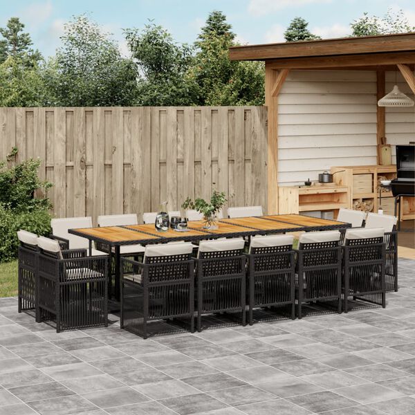 vidaXL 15-tlg. Garten-Essgruppe mit Kissen Schwarz Poly Rattan