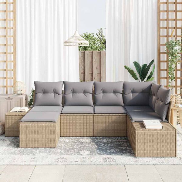 vidaXL Garten-Sofa-Set mit Kissen 6 pcs Beige und Hellgrau Poly-Rattan