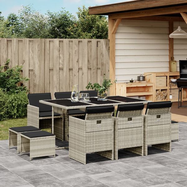 vidaXL 11-tlg. Garten-Essgruppe mit Kissen Hellgrau Poly Rattan
