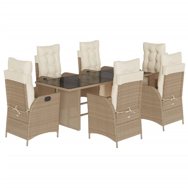 vidaXL 7-tlg. Garten-Essgruppe mit Kissen Beige Poly Rattan