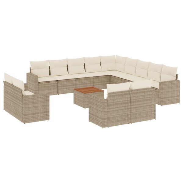 vidaXL 14-tlg. Garten-Sofagarnitur mit Kissen Beige Poly Rattan