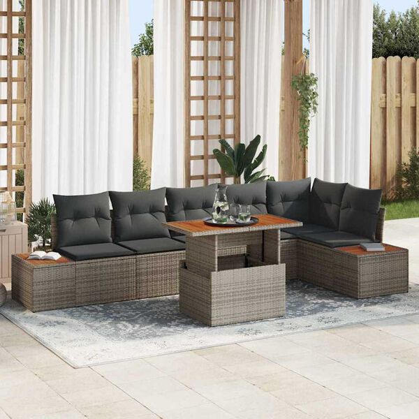 vidaXL Garten-Sofa-Set mit Speicher 7 pcs Grau Poly Rattan