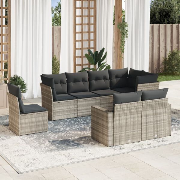 vidaXL 8-tlg. Garten-Sofagarnitur mit Kissen Hellgrau Poly Rattan
