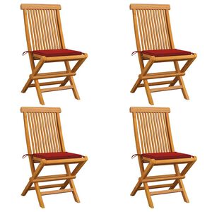 vidaXL Klappst&uuml;hle mit roten Kissen, 4 St&uuml;ck, Massivholz Teakholz