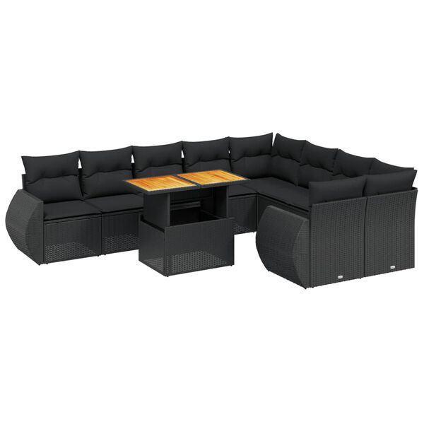 vidaXL 10-tlg. Garten-Sofagarnitur mit Kissen Schwarz Poly Rattan