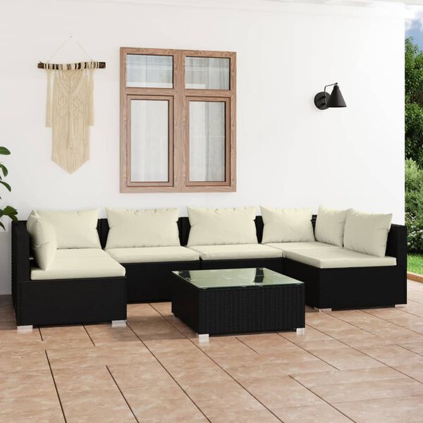 vidaXL 7-tlg. Garten-Lounge-Set mit Kissen Poly Rattan Schwarz