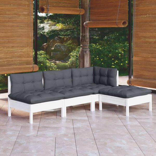 vidaXL 4-tlg. Garten-Lounge-Set mit Kissen Weiß Kiefernholz