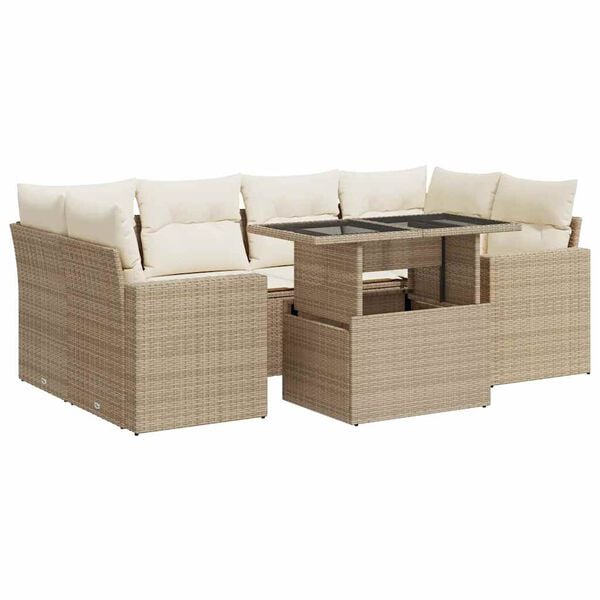 vidaXL 7-tlg. Garten-Sofagarnitur mit Kissen Beige Poly Rattan