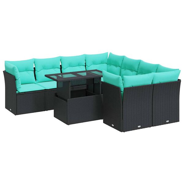 vidaXL 9-tlg. Garten-Sofagarnitur mit Kissen Schwarz Poly Rattan