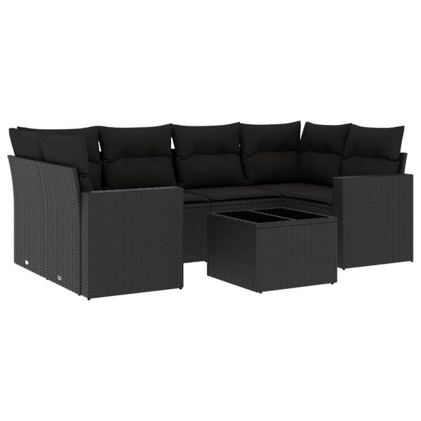 vidaXL 7-tlg. Garten-Sofagarnitur mit Kissen Schwarz Poly Rattan