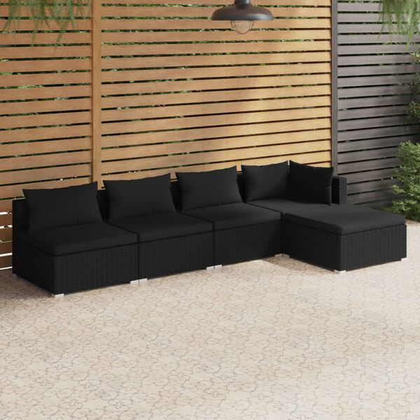 vidaXL 5-tlg. Garten-Lounge-Set mit Kissen Poly Rattan Schwarz