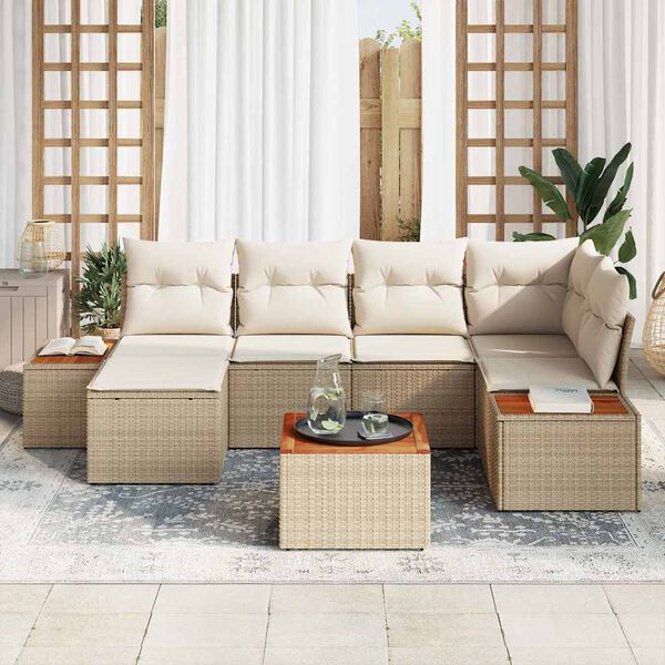 vidaXL Garten-Sofa-Set mit Kissen 7 pcs Beige Poly-Rattan