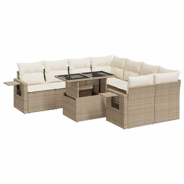 vidaXL 9-tlg. Garten-Sofagarnitur mit Kissen Beige Poly Rattan