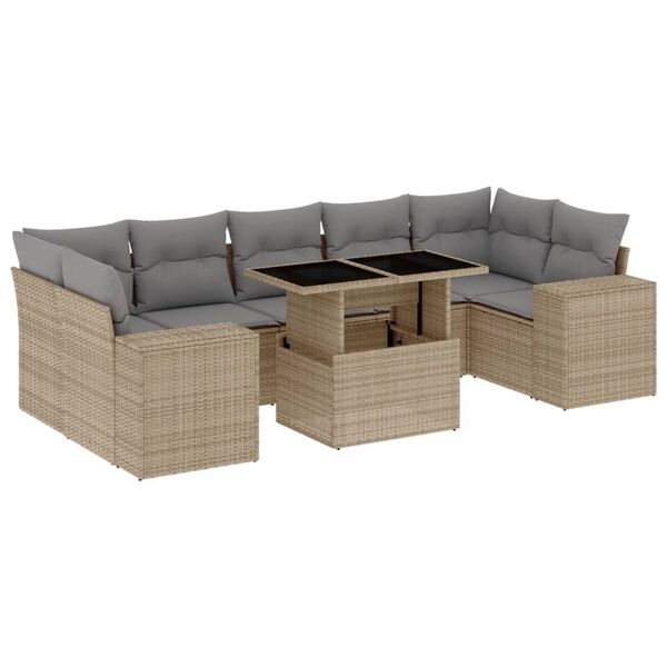 vidaXL 8-tlg. Garten-Sofagarnitur mit Kissen Beige Poly Rattan