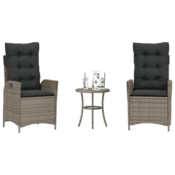 vidaXL 3-tlg. Bistro-Set mit Kissen Grau Poly Rattan