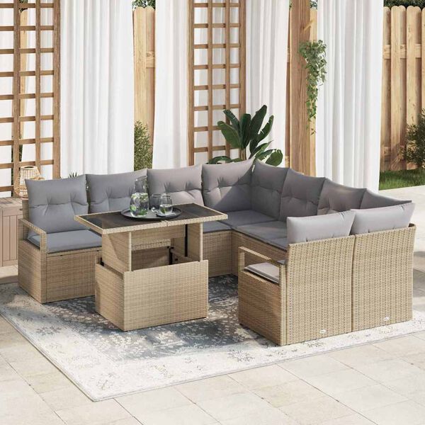 vidaXL Gartensofa-set mit Kissen mit Speicher 9 pcs Beige Poly Rattan