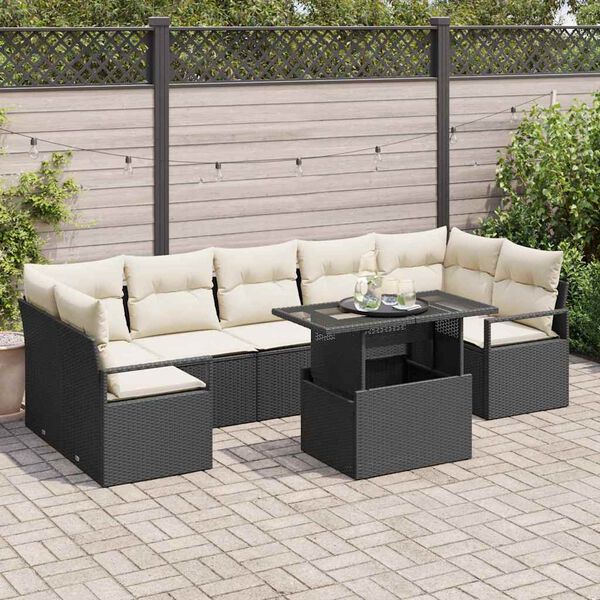 vidaXL Garten-Sofa-Set mit Kissen 8 pcs Schwarz und Creme Poly-Rattan
