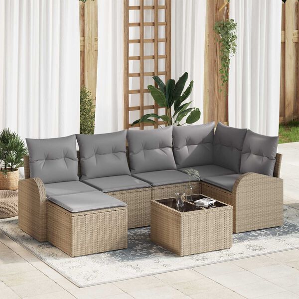 vidaXL Sofa Set mit Kissen 7 pcs Beige und hellgrau Poly-Rattan