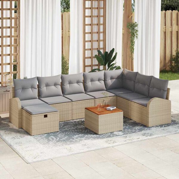 vidaXL Gartensofa-set mit Kissen mit Speicher 9 pcs Beige Poly Rattan