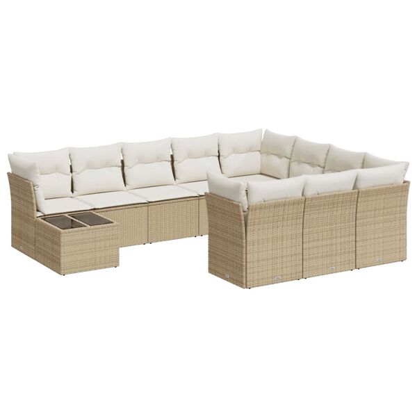 vidaXL 11-tlg. Garten-Sofagarnitur mit Kissen Beige Poly Rattan