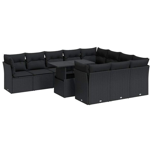 vidaXL 11-tlg. Garten-Sofagarnitur mit Kissen Schwarz Poly Rattan