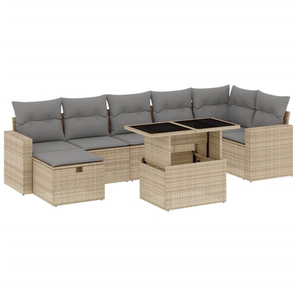 vidaXL 8-tlg. Garten-Sofagarnitur mit Kissen Beige Poly Rattan
