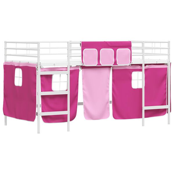 vidaXL Kinder Loft Bettgestell mit Vorh&auml;ngen Wei&szlig; und Rosa 80 x 201 cm