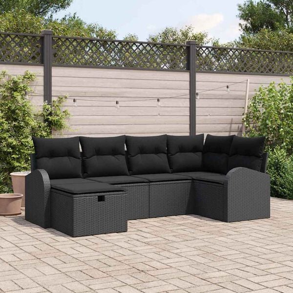 vidaXL Sofa Set mit Kissen mit Speicher Schwarz Poly-Rattan