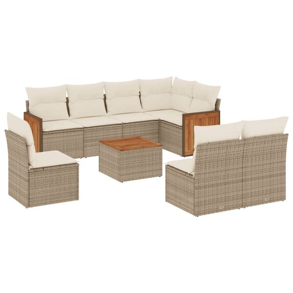 vidaXL 9-tlg. Garten-Sofagarnitur mit Kissen Beige Poly Rattan
