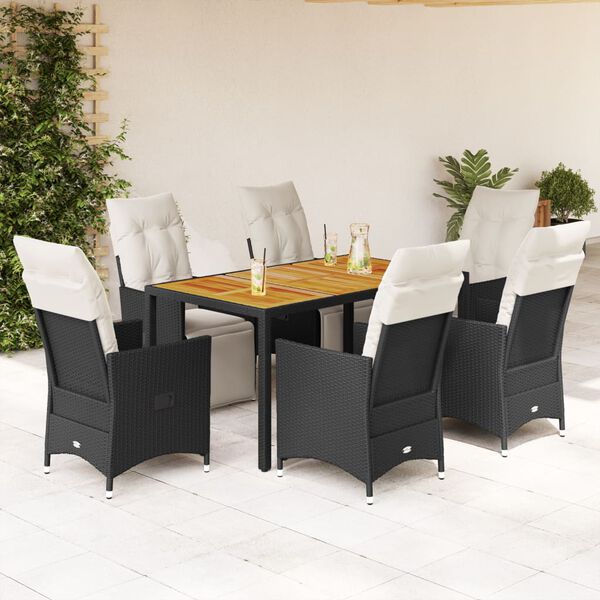 vidaXL 7-tlg. Garten-Essgruppe mit Kissen Schwarz Poly Rattan
