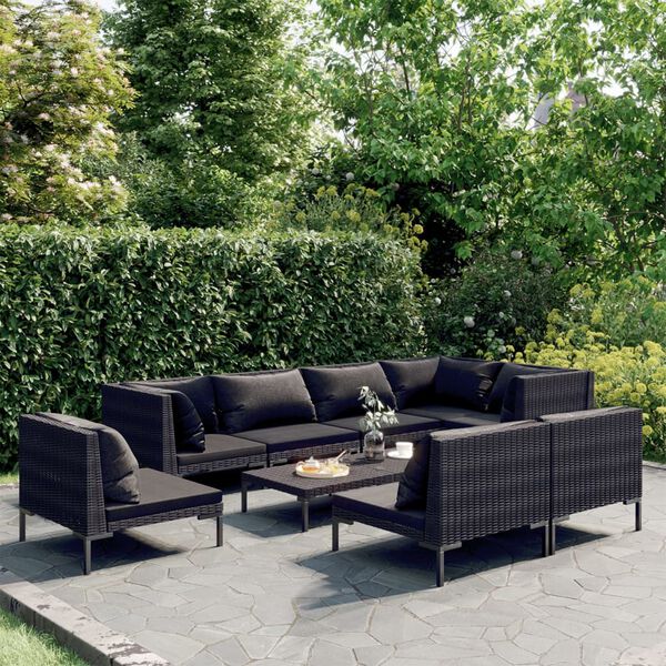 vidaXL 9-tlg. Garten-Lounge-Set mit Kissen Poly Rattan Dunkelgrau