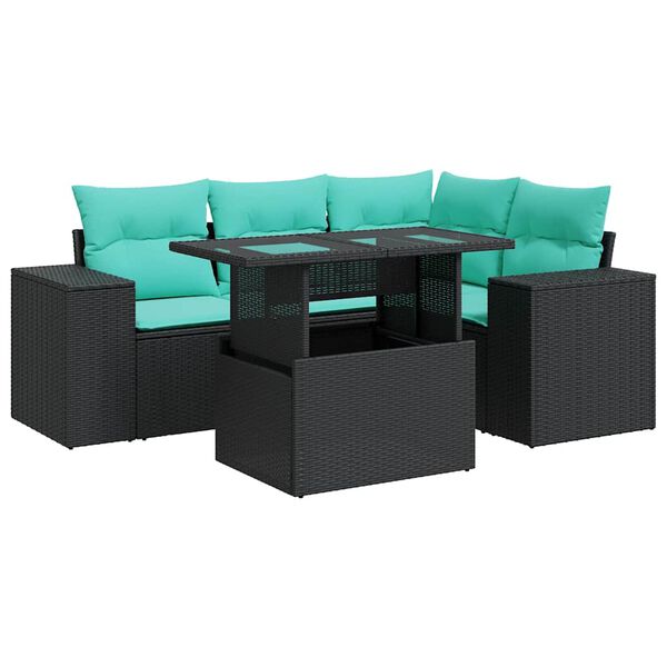 vidaXL 5-tlg. Garten-Sofagarnitur mit Kissen Schwarz Poly Rattan