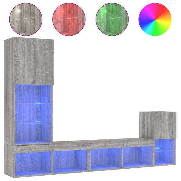 vidaXL 4-tlg. Wohnwand mit LED-Beleuchtung Grau Sonoma Holzwerkstoff