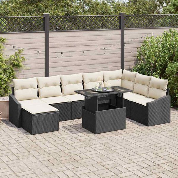 vidaXL Sofa Set mit Kissen 9 pcs Schwarz und Creme Poly-Rattan