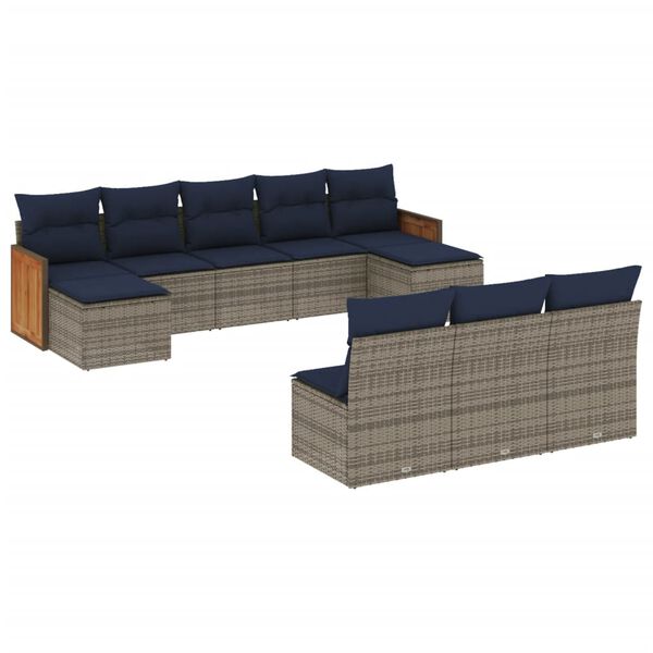 vidaXL 10-teiliges Gartensofa-Set mit Kissen, grau, Polyrattan