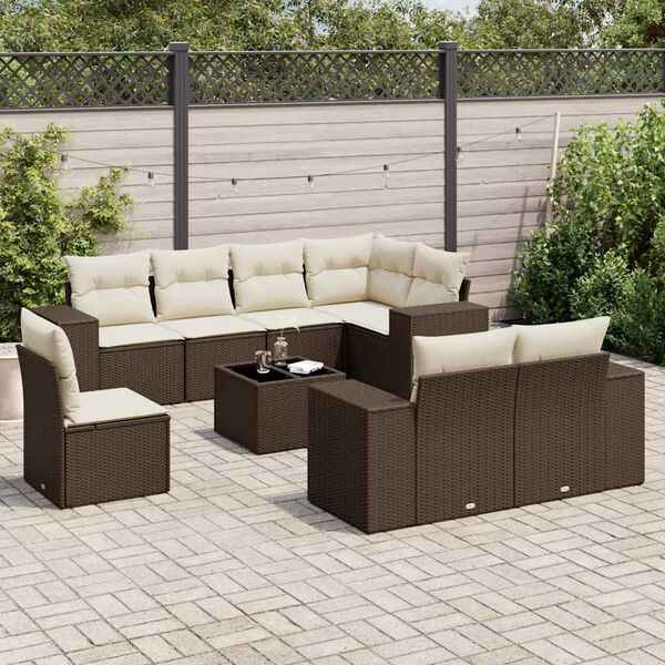 vidaXL 9-tlg. Garten-Sofagarnitur mit Kissen Braun Poly Rattan