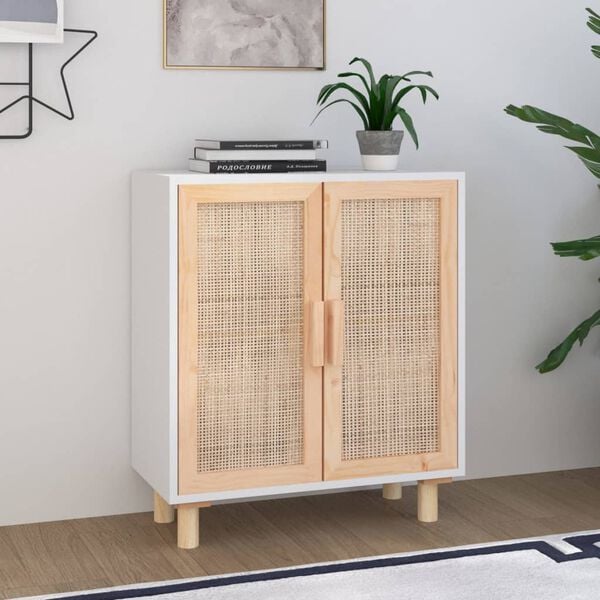 vidaXL Sideboard Weiß 60x30x70 cm Massivholz Kiefer und Natur-Rattan