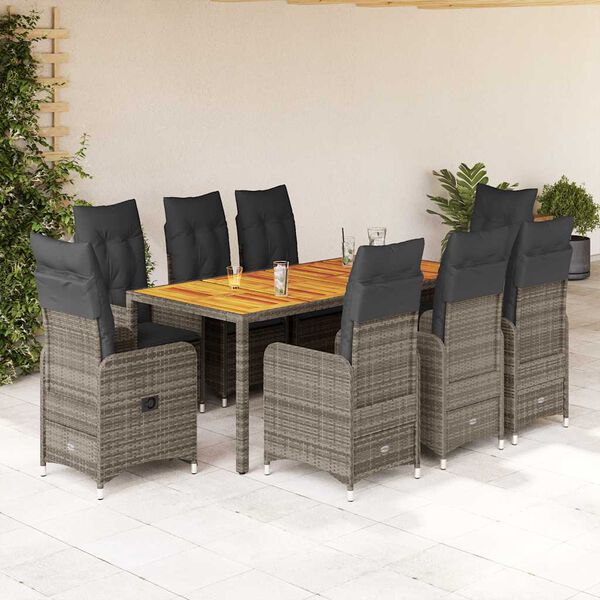 vidaXL 9-tlg. Garten-Bistro-Set mit Kissen Grau Poly Rattan
