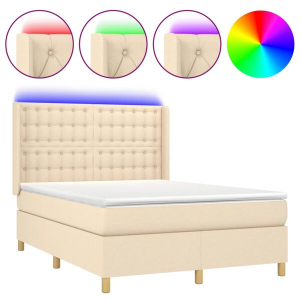 vidaXL Boxspringbett mit Matratze & LED Creme 140x190 cm Stoff