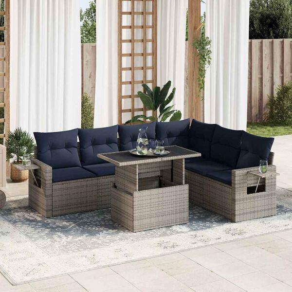 vidaXL 7-tlg. Garten-Sofagarnitur mit Kissen Grau Poly Rattan