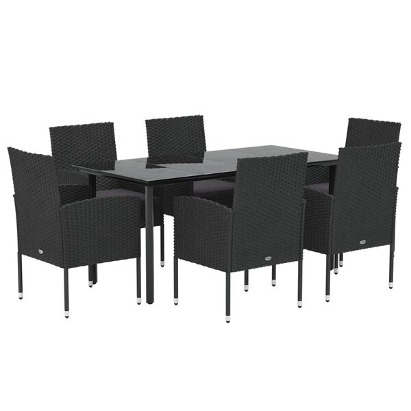 vidaXL 7-tlg. Garten-Essgruppe mit Kissen Schwarz Poly Rattan