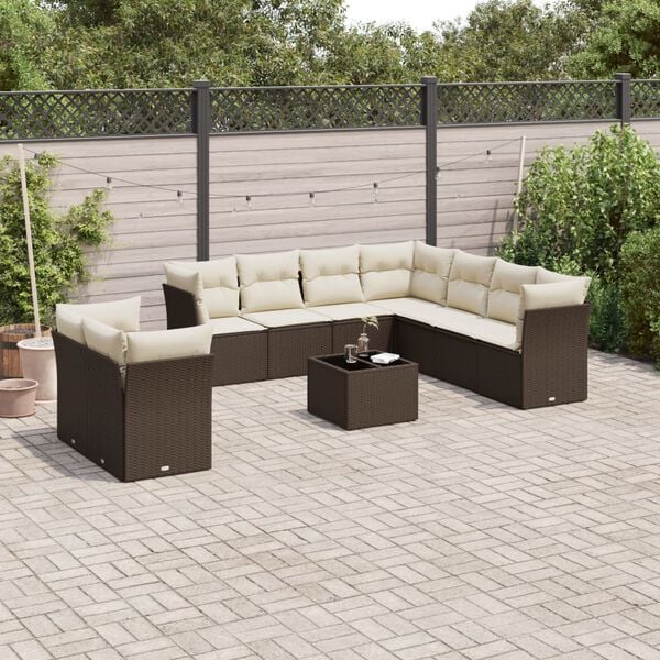 vidaXL 10-tlg. Garten-Sofagarnitur mit Kissen Braun Poly Rattan