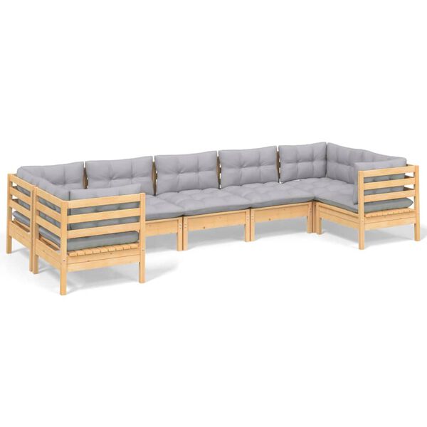 vidaXL 7-tlg. Garten-Lounge-Set mit Grauen Kissen Kiefernholz