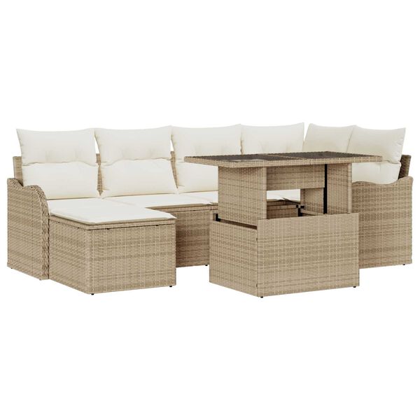 vidaXL Garten-Sofa-Set mit Kissen mit Speicher 7 pcs Beige Poly Rattan