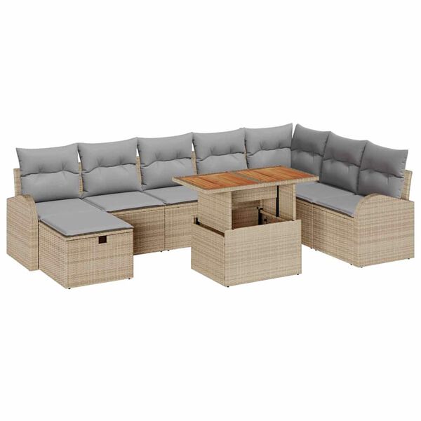 vidaXL Gartensofa-set mit Kissen mit Speicher 9 pcs Beige Poly-Rattan