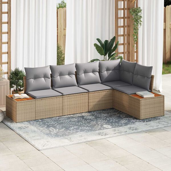 vidaXL Garten-Sofa-Set mit Kissen 5 pcs Beige und Hellgrau Poly Rattan